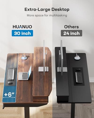 HUANUO 55 x 30 inch Electric Standing Desk with Wood Drawers, Adjustable Height Sit Stand Home Office Desk with Two Tiers, Ergonomic Adjustable Stand up Desk C-Clamp Monitor Mount Compatible, Walnut 6