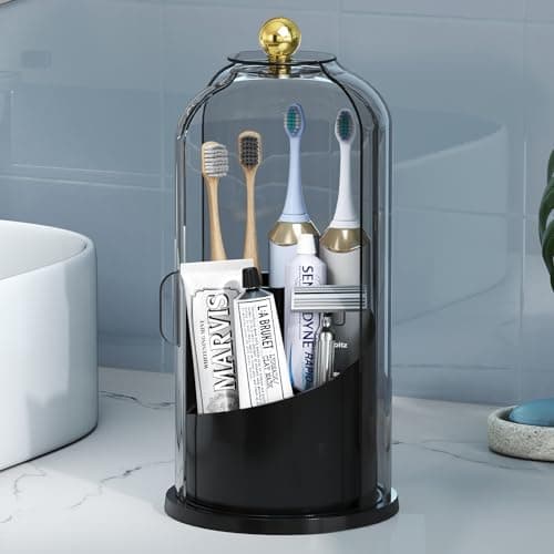 Delamu Covered Toothbrush Holder with 180° Dustproof Sliding Lid, Toothbrush Organizer with 360° Smooth Rotating Base, 3 Slots Makeup Brush Organizer for Vanity, Black