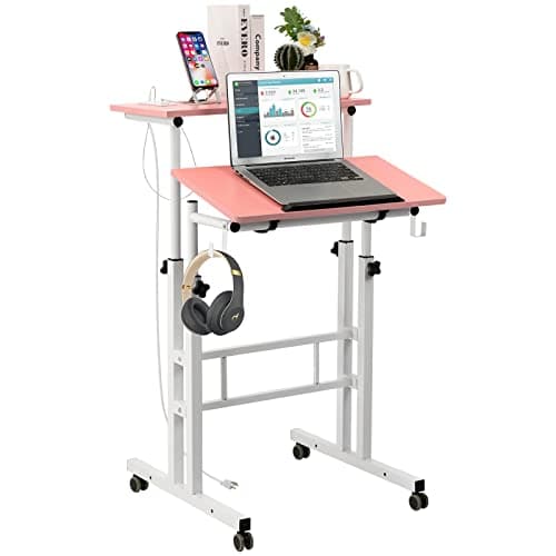 Hadulcet Mobile Standing Desk with Charging Station, Adjustable Standing Computer Desk, Standing Adjustable Laptop Cart with Wheels for Home Office Classroom, Pink