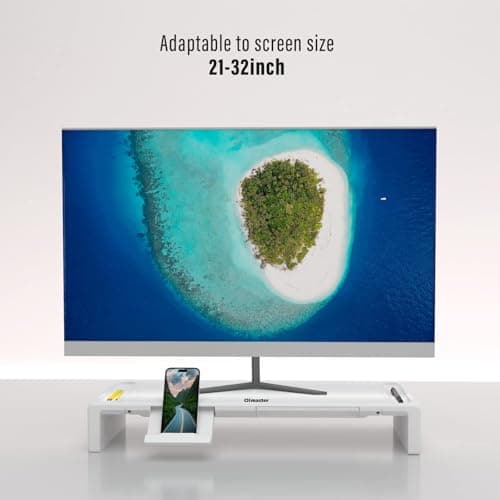OImaster Monitor Stand Riser, Foldable Computer Monitor Riser, Adjustable Length Computer Stand and Storage Drawer & Pen Slot, Phone Stand Compatible Computer, Desktop, Laptop, Save Space (White) 5
