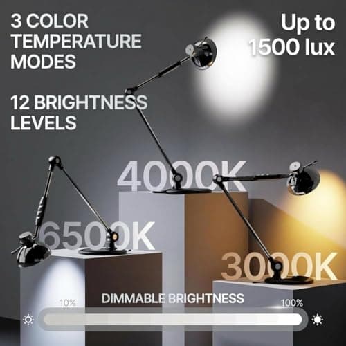 OTUS LED Desk Lamp for Home Office, Gesture On Off and Touch Control, Tall Architect Swing Arm Desk Light, 1500 Lux Eye Care Dimmable, 12 Levels, 3 Color Temps, Weighted Metal Base 3