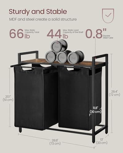 VASAGLE Laundry Hamper, Laundry Basket, Laundry Sorter with 2 Pull-Out and Removable Bags, Shelf, Metal Frame, 2 x 12.1 Gallons (46 L), 28.8 x 13 x 28.4 Inches, Ink Black and Rustic Brown UBLH201B01 7