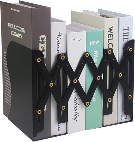 Adjustable Bookends, 19 inches 2 Dividers Heavy Duty Metal Book Holders, Book Storage Rack, Desk Organizer Magazine File Holder for Office, School, Bookstore and Home, Black