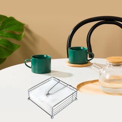 hiwafifi Napkin Holder for Table, Flat Napkin Dispenser with Weighted Arm, Square Cocktail Paper Holder of Elegant Rustic Iron for Kitchen Dining Room Decor Restaurant Farmhouse Hotel Party, Silver 7