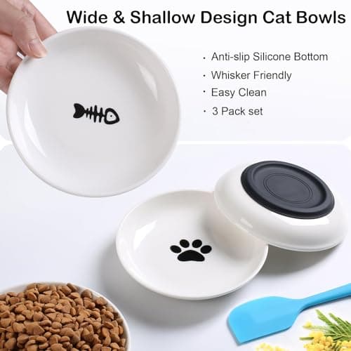 WROSWT Cat Food Bowl,Healthy Ceramic Cat Bowls for Indoor Cats,Anti Whisker Fatigue Cats Dishes Set,Shallow Wide Kitten Plates for Food and Water,Non-Slip Silicone Bottom,3 Pack 7