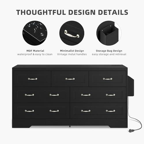 DWVO Farmhouse 7 Drawer Dresser for Bedroom, 31.5 Inch Tall Modern Dresser TV Stand with Large Drawers & Bar Handles, Storage Dressers with Power Outlets, Rustic Wood Chest of Drawers, Black 6