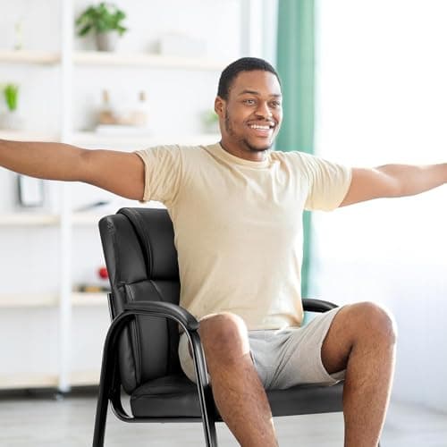Sweetcrispy Waiting Room Chairs, Leather Stationary Office Guest Chair No Wheels, Comfy Padded Arms and Seld Base, for Reception Area Conference Room Lobby Home Computer Desk Bedroom Elderly, Black 8