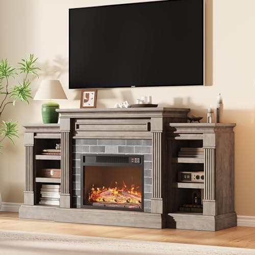 IDEALHOUSE 71 Inch Electric Fireplace with Matal, Fireplace TV Stand for TV Up to 80", Entertainment Center with Storage, Realistic Stacked Stone Surround with Remote Control and 3D Flame, Gray 6