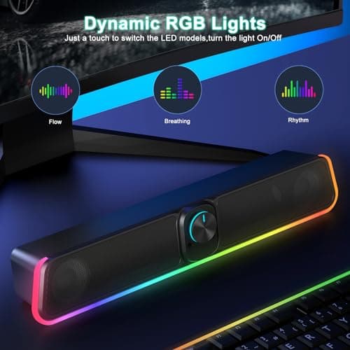 BUSP-HYY Computer Speakers - Wired USB Powered Bluetooth Computer Sound Bar with RGB & Volume Knob, HiFi Stereo Portable Gaming Sound Bar Speaker for Desktop Monitor, PC, Laptop, Tablets, Mac Air/Pro 5