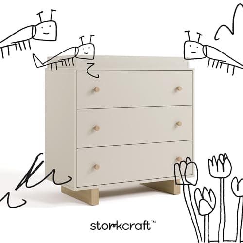 Storkcraft Texas 3 Drawer Chest with Removable Changing Table Topper (Frosted Oat/Driftwood) – GREENGUARD Gold Certified Baby Dresser, Interlocking Drawer System for Nursery & Kids’ Bedroom Dresser 9