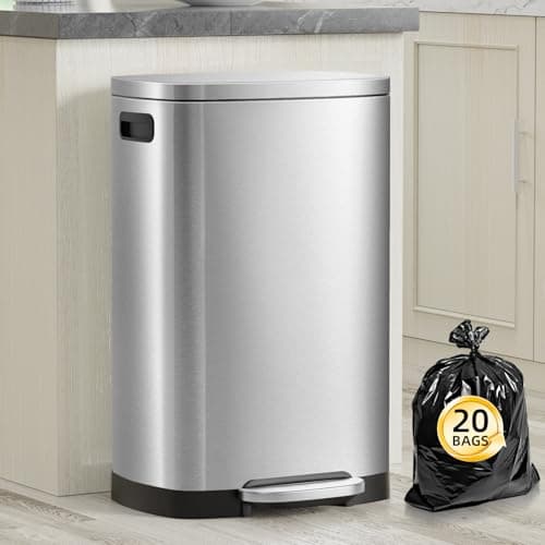 KdbK 13 Gallon Trash Can with Lid, 50L Fingerprint Proof Stainless Steel Kitchen Trash Can with Removable Inner Bucket and Lid Soft Close, Pedal Rubbish Bin for Home Office