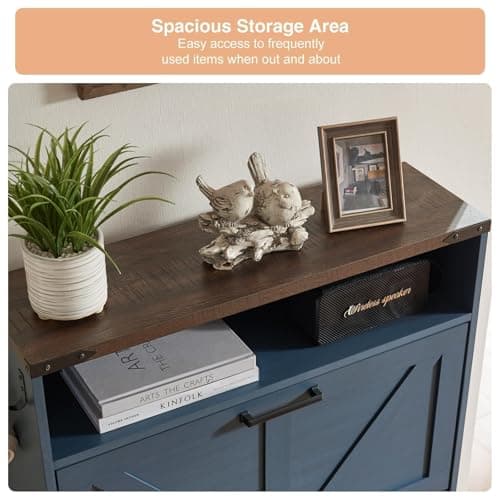 Barnyatoh Shoe Storage Cabinet,Farmhouse Shoe Organizer with 2 Flip Drawers & Barn Door Design,Freestanding Hidden Slim Narrow Shoe Rack Cabinet with Open Storage for Entryway, Foyer,Hallway,Navy Blue 5