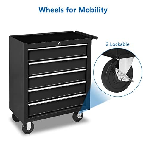 TUFFIOM 5-Drawer Rolling Tool Chest w/Drawers & Lock, Tool Storage Cabinet with Lockable Wheels, Top Cushion & Drawer Liners, Tool Organizer Box for Garage, Warehouse & Repair Sho 6