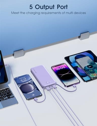 Nusyddy Portable Charger, 12000mAh 22.5W Fast Charging Power Bank with Built-in Cables & Wall Plug, Travel Essential External Battery Pack, USB C Battery Phone Charger for iPhone, iPad, Samsung Purple 7