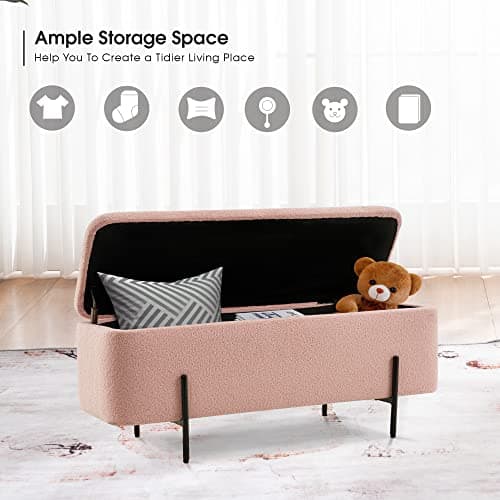 MCombo Storage Ottoman Bench, Teddy Fabric Upholstered Footstool with Storage Space, Bed End Bench for Bedroom, Living Room, Entryway W709 (Pink) 6