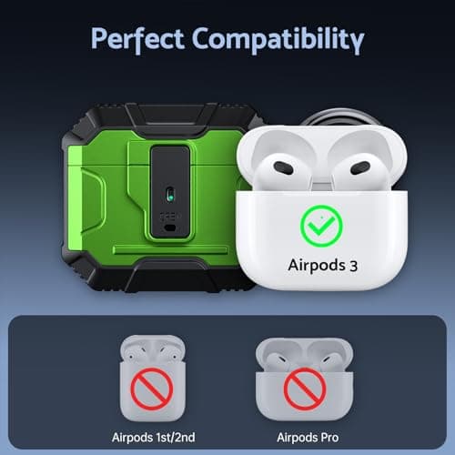 DASFOND Armor Cover Airpods 3 Generation Case, Military Grade Full Body Shockproof Protection Hard Case, Support Wireless Charging with Keychain, Magnetic Lid, Front LED Visible, Grass Green 7