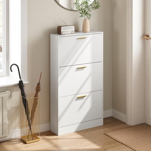 NOVAMAISON Fluted Shoe Cabinet Storage for Entryway, White Shoe Organizer with 2 Flip Drawers & Open Shelf, Freestanding Hidden Large Shoe Storage Cabinet (1pc-White, 3 Flip Drawers) 7