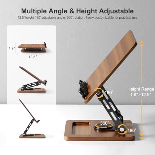 Book Stand for Reading, 360° Rotating Hands Free Book Holder, Adjustable Height and Angle, Page Clip for Cookbook, Recipe, Magazine, Laptop,Tablet, Foldable for Kitchen, Office, School 5