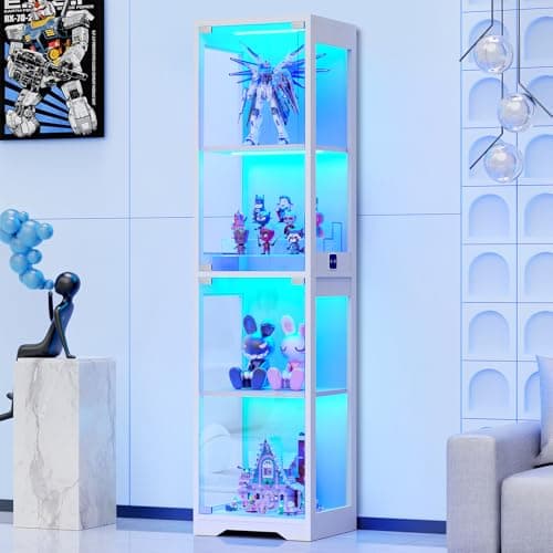 BROTTAR Glass Display Cabinet, 4-Tier Curio Cabinets with 3 Color Lights for Collectibles, Storage Cabinet with Door, Glass Display Case & Bookcase with Human Body Sensor, White