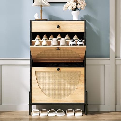 IRONCK Shoe Cabinet with 2 Flip Drawers, Shoe Storage Cabinet for Entryway, Free Standing Shoe Storage Organizer with Rattan Doors Slim Narrow Shoe Rack Cabinet, Black 9