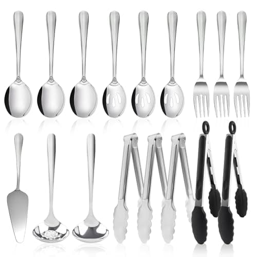 17PCS Serving Utensils Set Flatware, Stainless Steel Serveware Large Serving Spoons, Slotted Spoons, Forks, Tongs, Cake Server,Soup and Skimmer Spoon for Buffet, Catering, Party, Dinner (Silver)