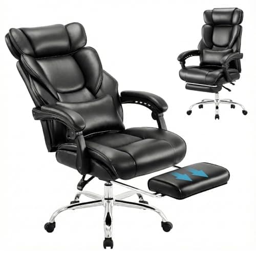 Office Chair with Footrest-Ergonomic Computer Chair with Extra Lumbar Support Pillow, High Back Executive Desk Chair Thick Bonded Leather, Large Home Office Work Chair with Wide Seat for Comfort-Black