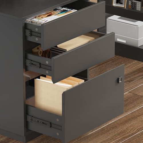 TAMUNE Electric Standing Desk with File Cabinet, Fingerprint Lock, Height Adjustable, Computer Table with Keyboard Tray, Drawers Pegboard for Home Office, Black and Brown 63”W x 23.6”D x 29.8-45.3”H 5