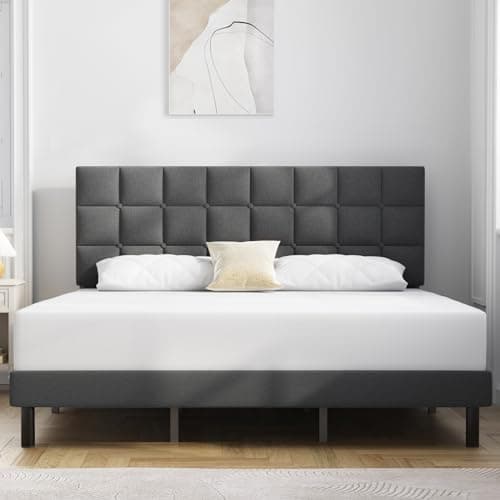 Molblly King Bed Frame Upholstered Platform with Headboard and Strong Wooden Slats,Non-Slip and Noiseless,No Box Spring Needed, Easy Assembly,Dark Gray