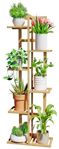 DolceLuna Plant Stand Indoor Corner, Tiered Bamboo Plant Shelf 46 Inch Tall, Plant Rack 6 Tier for Multiple Small Plants, Flower Holders for Living Room Bedroom Window Patio Balcony, Natural