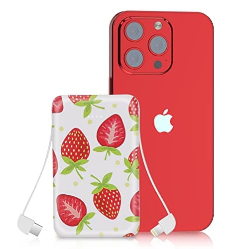 Sethruki Portable Charger 5000mAh Cute Ultra Slim USB C Power Bank for Girls Mini Fast Charging Small Battery Pack with Built in Cables for iPhone iPad Samsung Pixel Android Phones,Strawberry