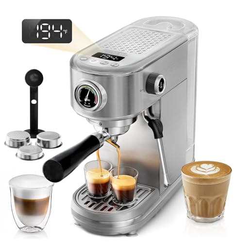 HIBREW Espresso Machine 20 Bar, Semi-Automatic Cappuccino Maker with Milk Frother for Latte Art, Adjustable Temperature & Water Volume, with Display, Pressure Gauge & Stainless Steel Body