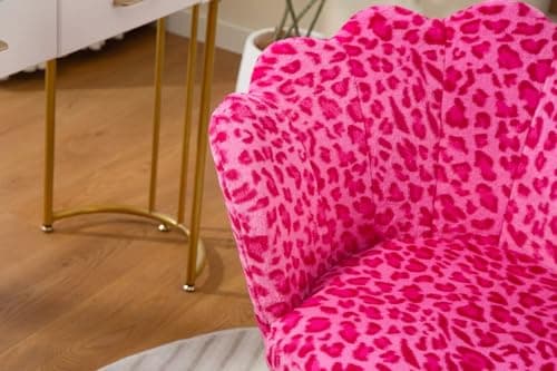 ZOBIDO Comfy Home Office Task Chair with Wheels, Cute Modern Upholstered PU Seashell Back Adjustable Swivel Vanity Desk Chair, for Women,for Girls, Living Room, Bedroom（Rose red Leopard Print 6