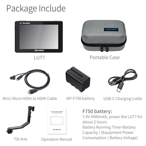 FEELWORLD LUT7 7" 2200nit 1920x1200 FHD IPS Touchscreen Camera DSLR Field Monitor with 3D LUT Waveform HDR 4K HDMI in Out, F750 Battery and Carry Case, ‌Auto Bright Adjustment for Outdoor 9