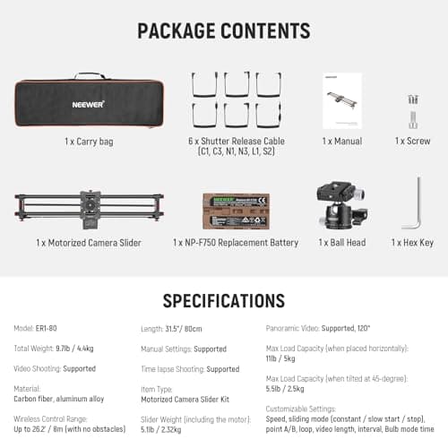 NEEWER 31.5"/80cm Motorized Camera Slider, DSLR Carbon Fiber Dolly Rail Slider with App Control, 4400mAh F750 Battery for Time Lapse Photography, Supports Video Mode, NOT Include Charger, ER1 8