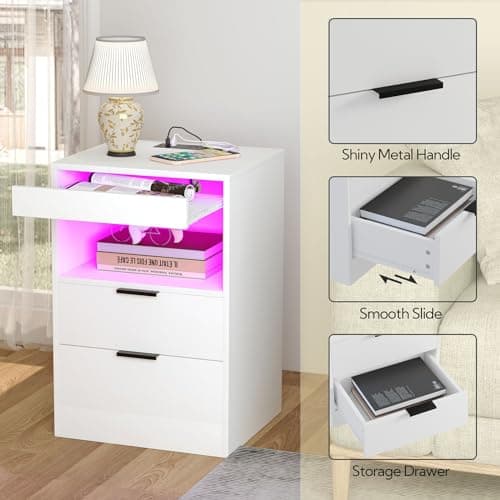 Yusong Night Stand, Bedside Table, LED Nightstand with Charging Station, Modern Night Stand, Wood Sofa Couch End Side Table with 2 Pull-Out Shelf, White 7