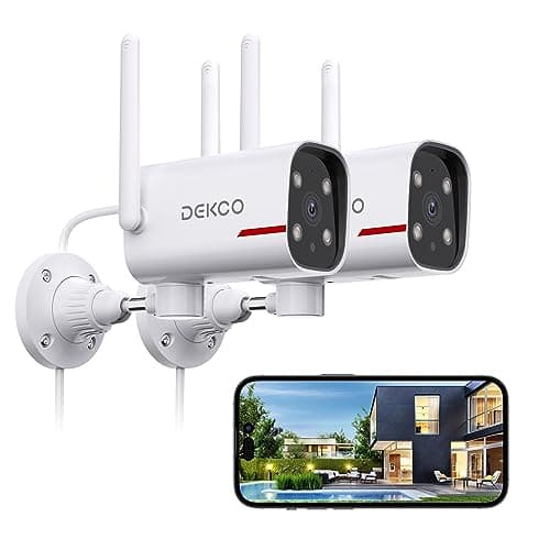 DEKCO 2 Pack Outdoor Security Camera with 2K Color Night Vision, Pan Rotating 180° Wired WiFi Camera Support 24/7 Recording, 2.4GHz WiFi, AI Human Auto Tracking, Work with Alexa/Google Assistant
