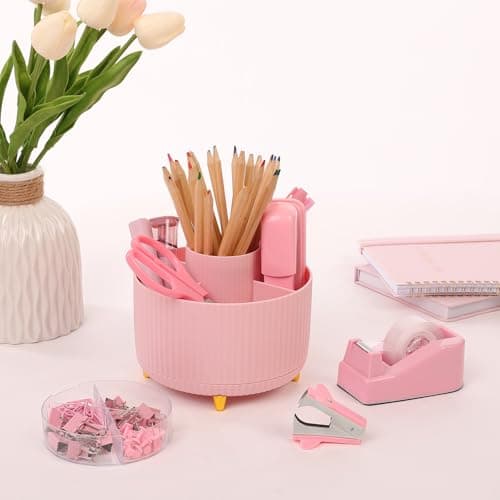 SKYDUE Pink Desk Accessories 10Pcs, Rotating Pen Holder for Desk, Stapler, Staple Remover, Tape Dispenser,2pcs Tape Refills, Binder Paper Clips Kit, Scissor,Pink Office School Supplies 7