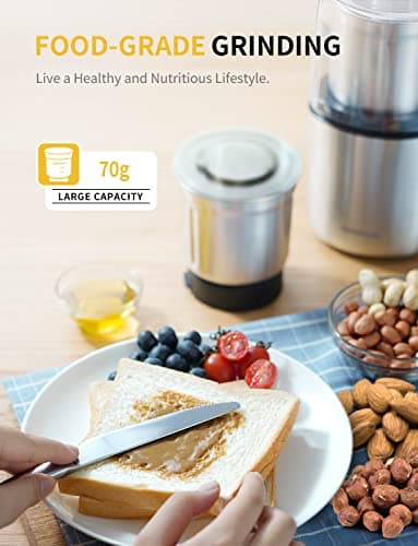 SHARDOR Coffee Grinder Electric Herb/Wet Grinder for Spices and Seeds with 2 Removable Stainless Steel Bowls, Silver 6