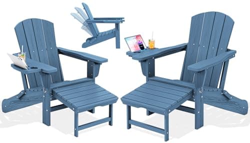 KINGYES Adjustable Folding Adirondack Chair with Footrest & 4-in-1 Multi-Functional Armrest Organizer, HDPE Foldable Recliner Adirondack Chair with Pull-Out Ottoman, Blue