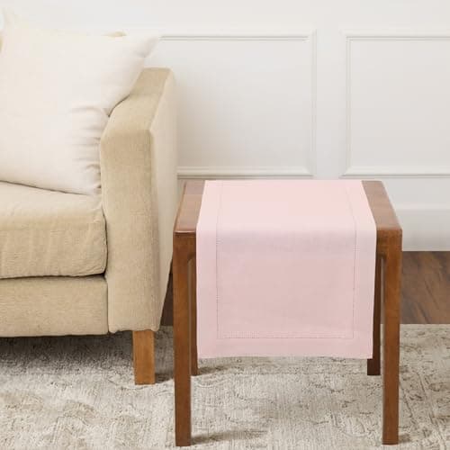 Solino Home Linen Pink Table Runner 36 Inches - Classic Hemstitch, 100% Pure Linen Coffee Table Runner 14 x 36 Inch Ideal for Dresser Tables - Mothers Day, Spring, Easter