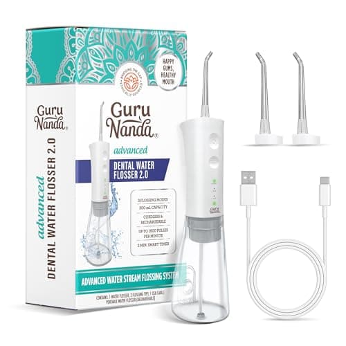 GuruNanda Advanced Dental Water Flosser 2.0 with Replacement Tips, Cordless & Portable, 300 ml Water Tank, 3 Modes, Rechargeable for Healthy Teeth and Gums