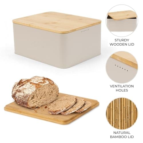 ZICOTO Beautiful Bread Box With Wooden Lid For Your Kitchen Countertop - Spacious Container Perfectly Stores Your Homemade Bread, English Muffins & Bagels - Quality Cutting Board Lid Keeps Loaf Fresh 6