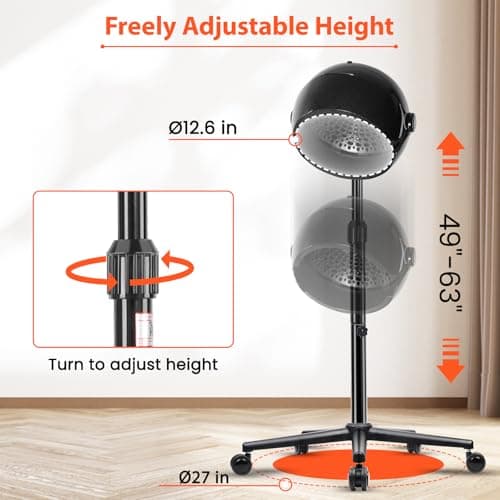 Wuissvnb Hooded Hair Dryer, Stand Hair Dryer, Professional Hooded Dryer on Wheels with Digital Display, Touch Controls and 3 Temperature Settings for Salon and Home Use - Black 5