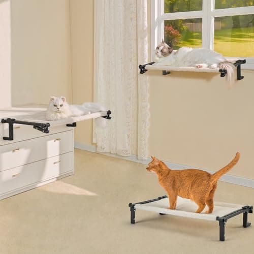 Nxwjoy Cat Window Perch Bed Cat Hammock for Window Sill Seat, 2 in 1 Adjustable Large Cats Sleeping Beds with Cushion Steel Frame Kitten Perches for Windowsill, Bedside, Floor (Beige) 8