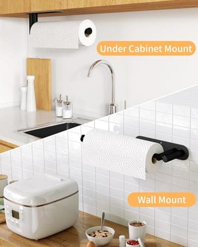 Under Cabinet Paper Towel Holder for Kitchen, Upgraded Heavy Duty Double Pole Design, Both Available in Adhesive & Screws, Self-Adhesive Bar Rack for Kitchen Towel, Stainless Steel, Black 6