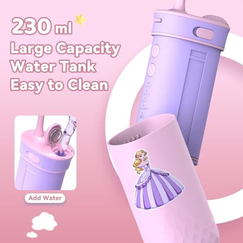 JTF Portable Water Flosser for Kids: 4 Gentle Modes for Ages 6+, Safe & Effective for Sensitive Teeth, Braces - with DIY Stickers, 4 Nozzles, Travel Bag, Mini Compact Oral Irrigator for Home & School 6