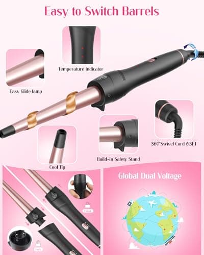 ANIEKIN 5 in 1 Curling Iron Set, Fast Heat Up Curling Wand from 3/8 to 1 1/4 Inch and a Thermal Brush Come with, Dual Voltage Hair Curler for Women All Hair Types and Travel Use, Gifts for Women 6