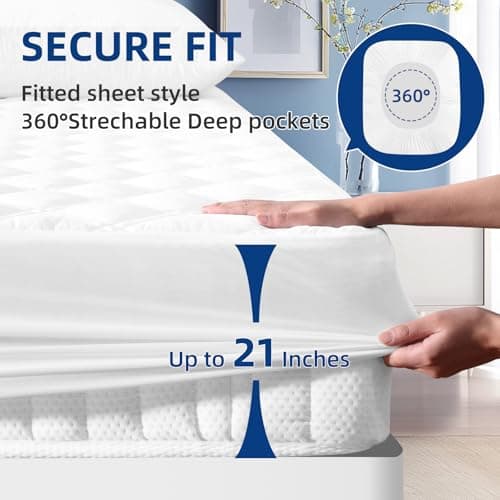 MEELUS Padded Queen Mattress Protector, Breathable Waterproof Mattress Pad Cover Fitted Deep Pocket 8"-21", Soft Noiseless Mattress Cover Washable Cooling for Home Hotel Bedroom, White 5