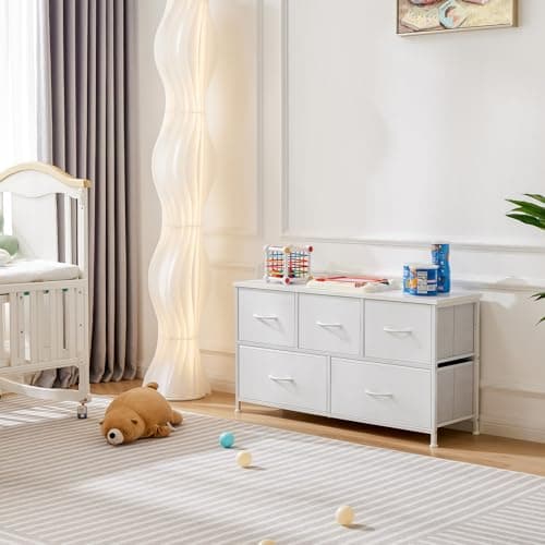 OLIXIS Dresser for Bedroom with 5 Drawers, Wide Chest of Drawers, Fabric Bedroom Dresser with Drawer Organizers, Storage Organizer Unit with Fabric Bins for Closet, Living Room, Hallway, Classic White 9