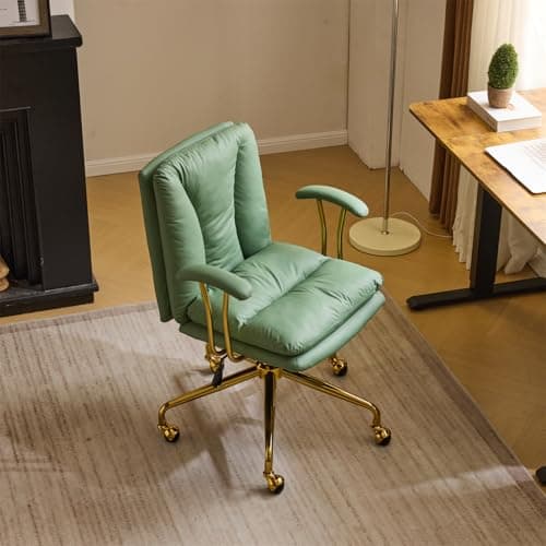 VINGLI Home Office Desk Chair Comfy with Wheels & Removable Armrests,Gold Base Vanity Chair with Back,Adjustable Rolling Swivel Computer Task Chair for Study,Makeup,Office,Cat Scratch PU,Green